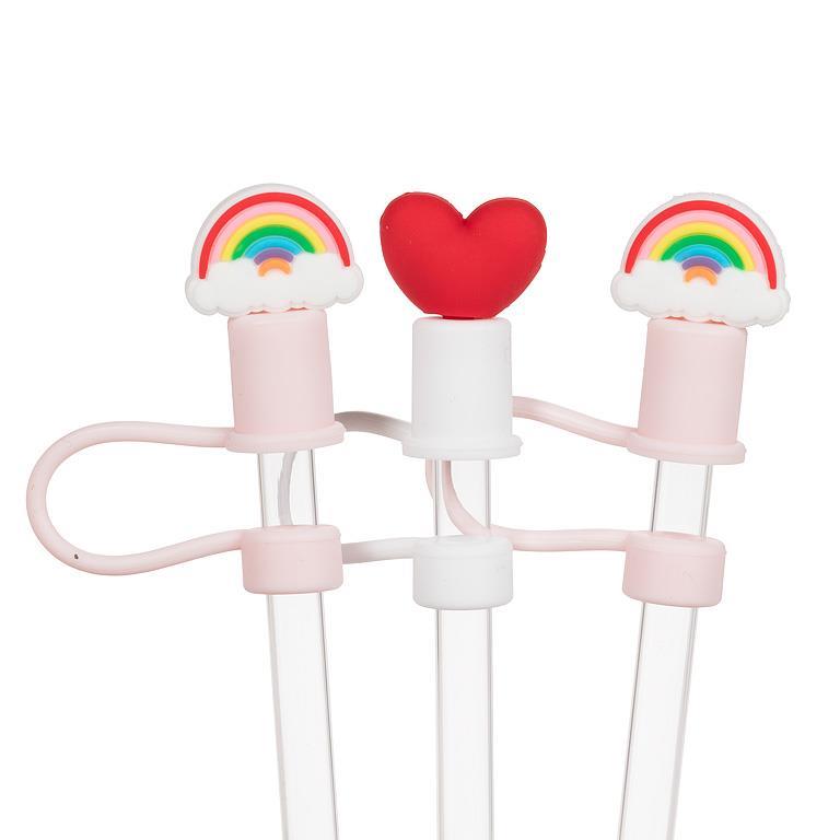 Jumbo Straws with Rainbow & Hearts Caps. Set of 3