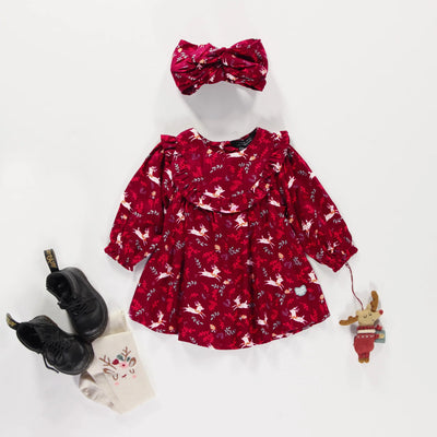 Red Patterned Baby & Toddler Dress with Ruffles in Viscose | Reindeer