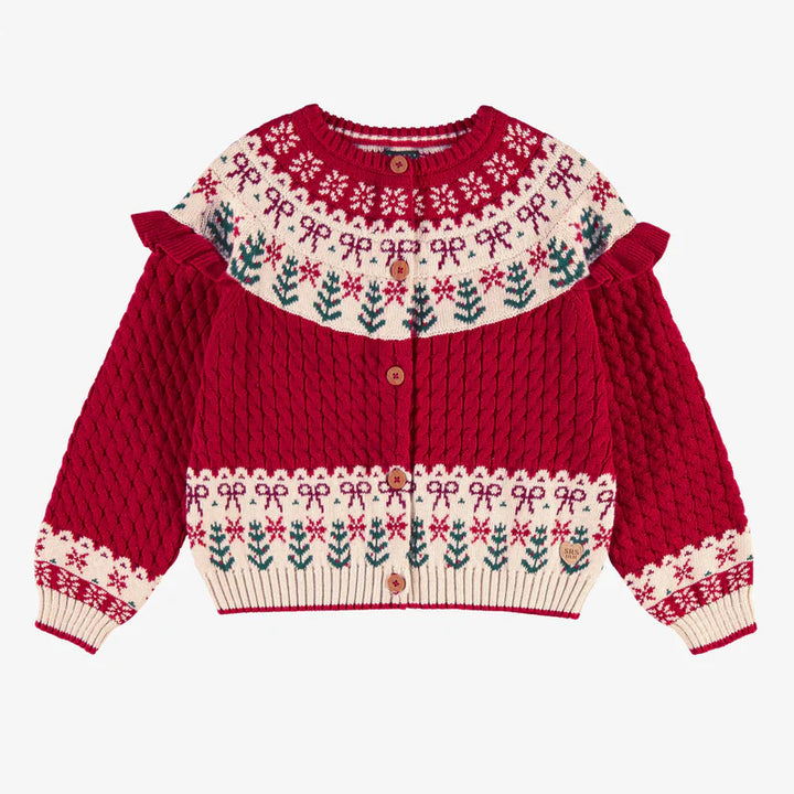 Souris Mini | Red Knit Cardigan with Jacquard Patterns