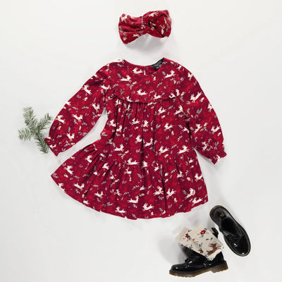 Viscose Red Child's Dress with Ruffle | Reindeer All Over Print