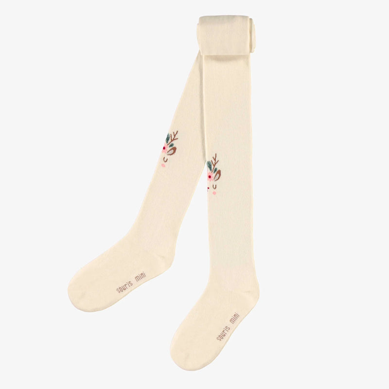 Cream Holiday Tights with Festive Reindeer