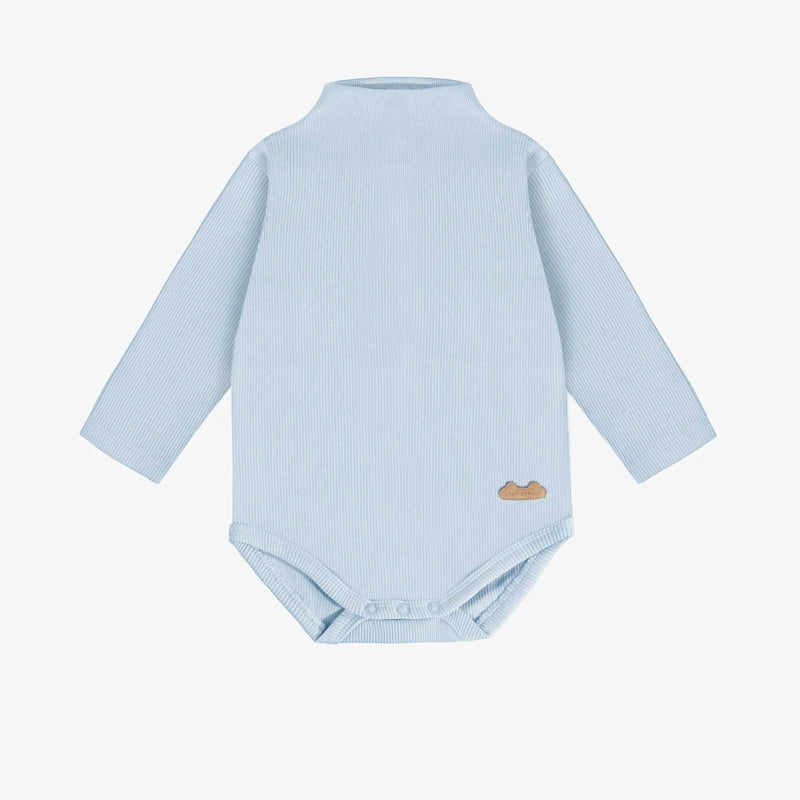 Light Blue Bodysuit with a High Collar in Ribbed Knit