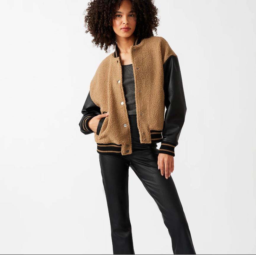 Steve Madden Black brown pleather sherpa varsity jacket