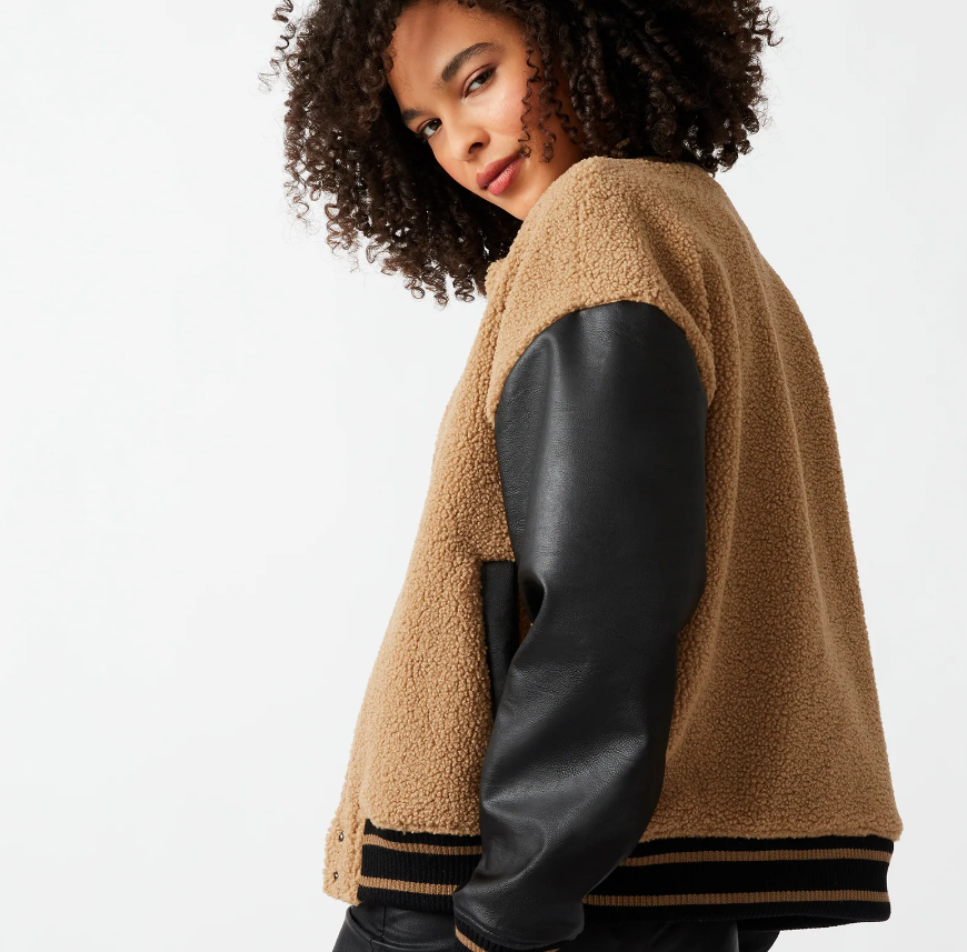 Steve Madden Black brown pleather sherpa varsity jacket