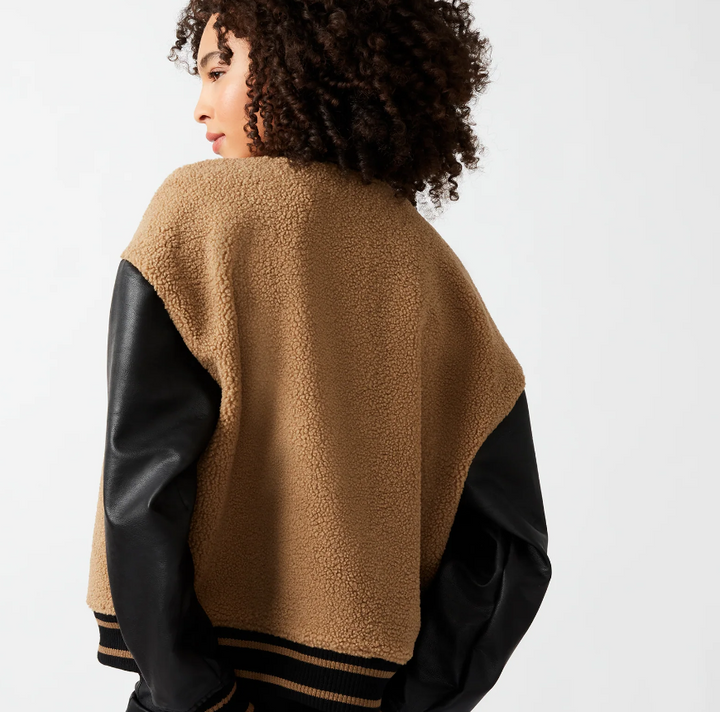 Steve Madden Black brown pleather sherpa varsity jacket