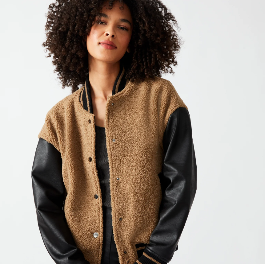 Steve Madden Black brown pleather sherpa varsity jacket