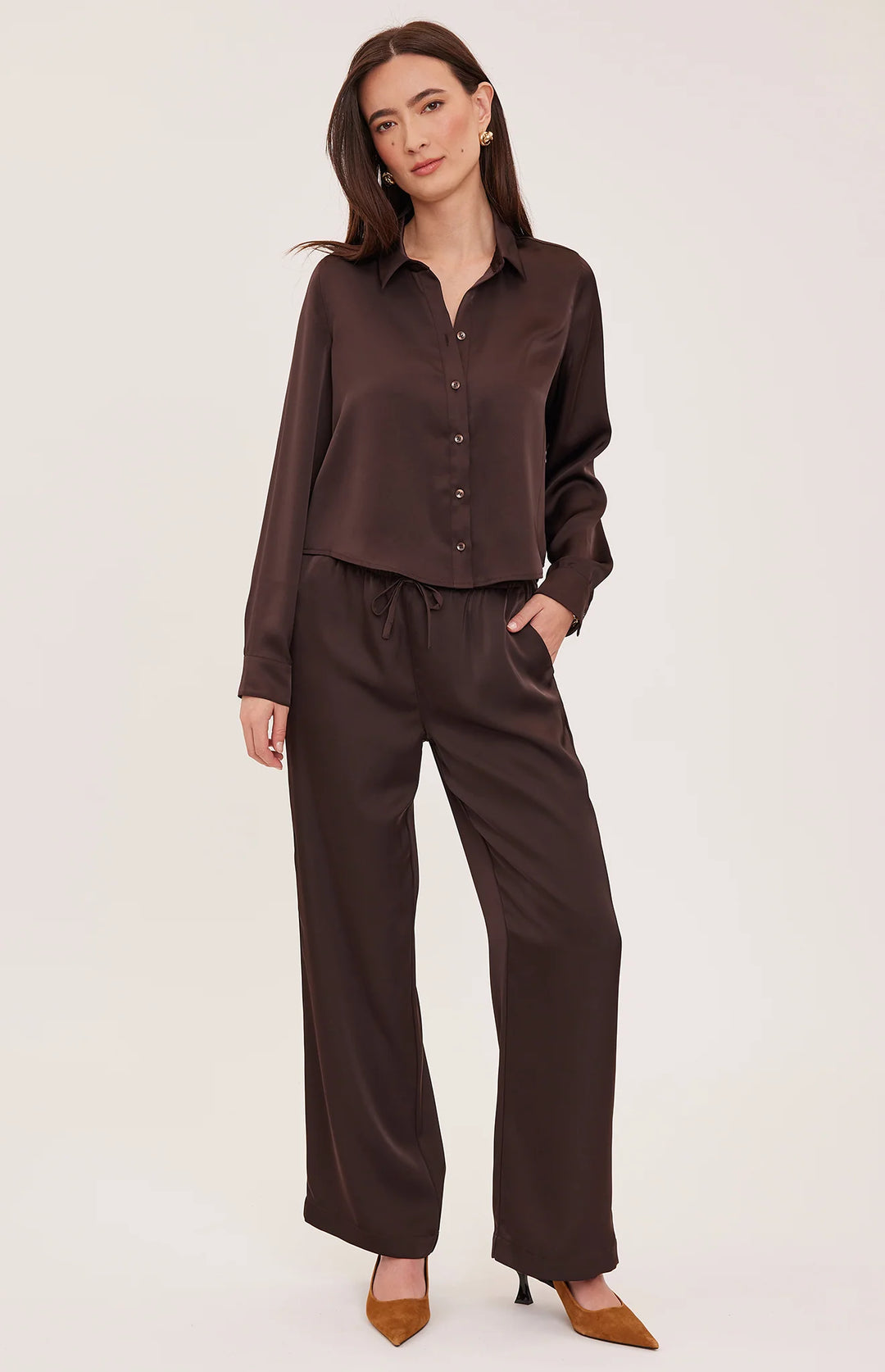 Gentle Fawn | Leighton Satin Button Down | espresso
