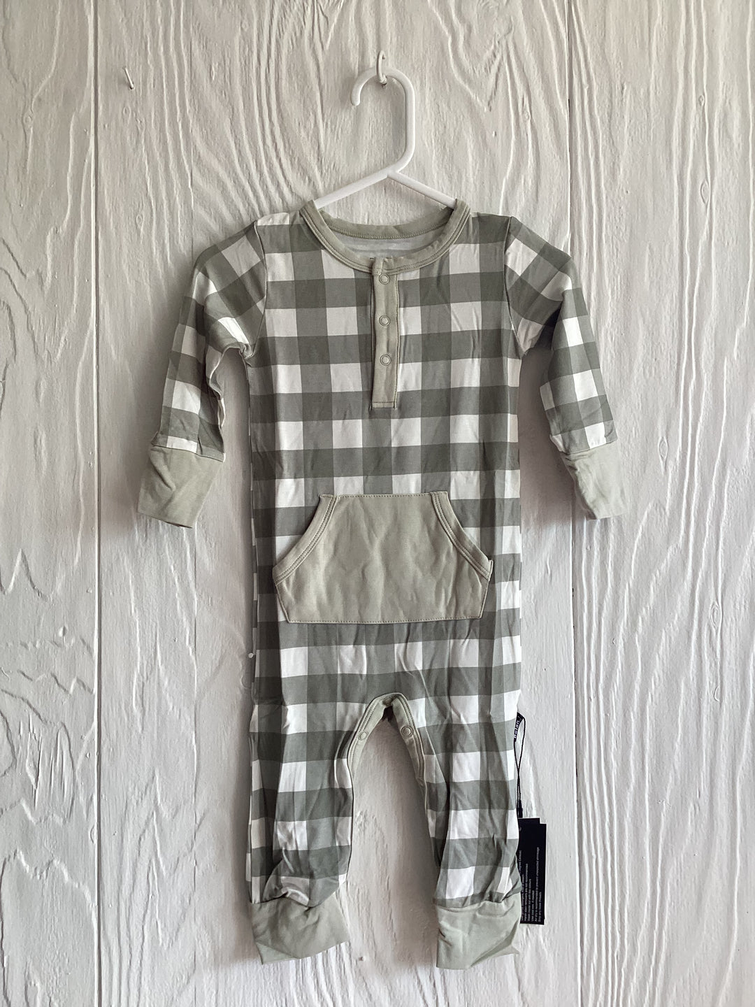Long Sleeve Pocket Romper | sage plaid