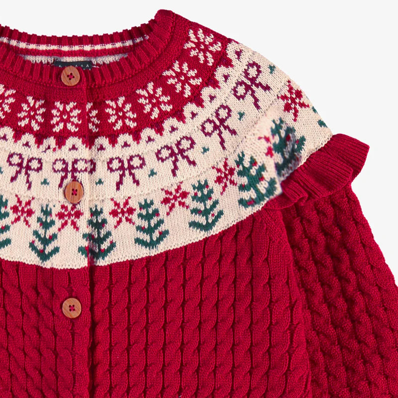 Souris Mini | Red Knit Cardigan with Jacquard Patterns