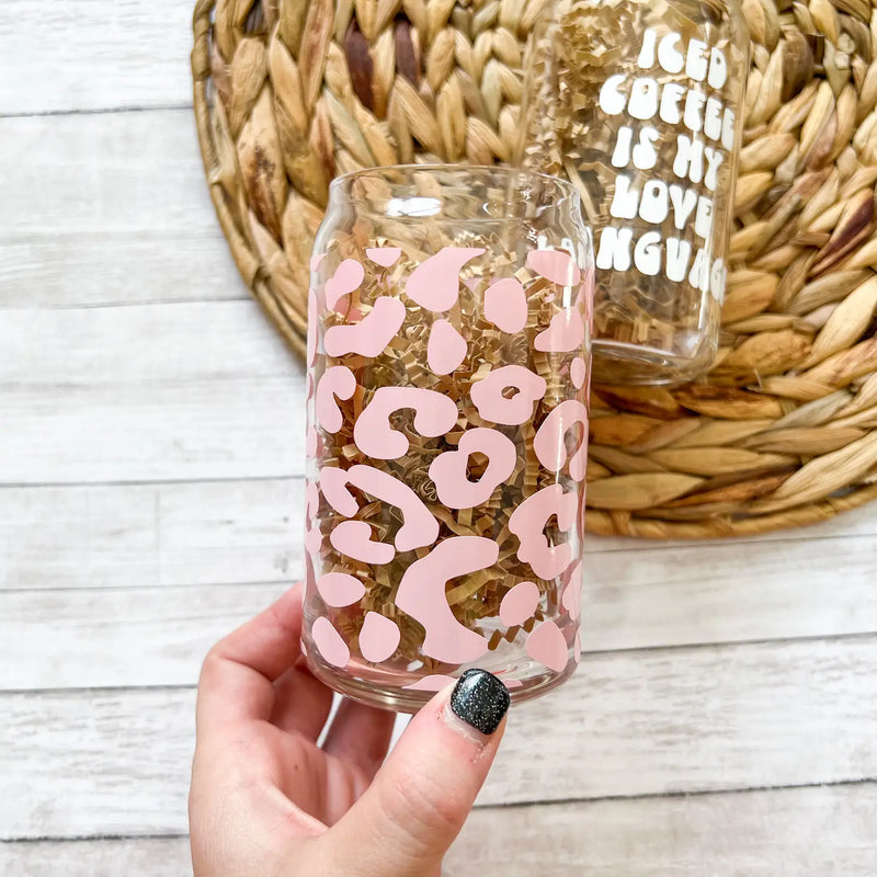 Pink Leopard 16oz Can Glass Cup