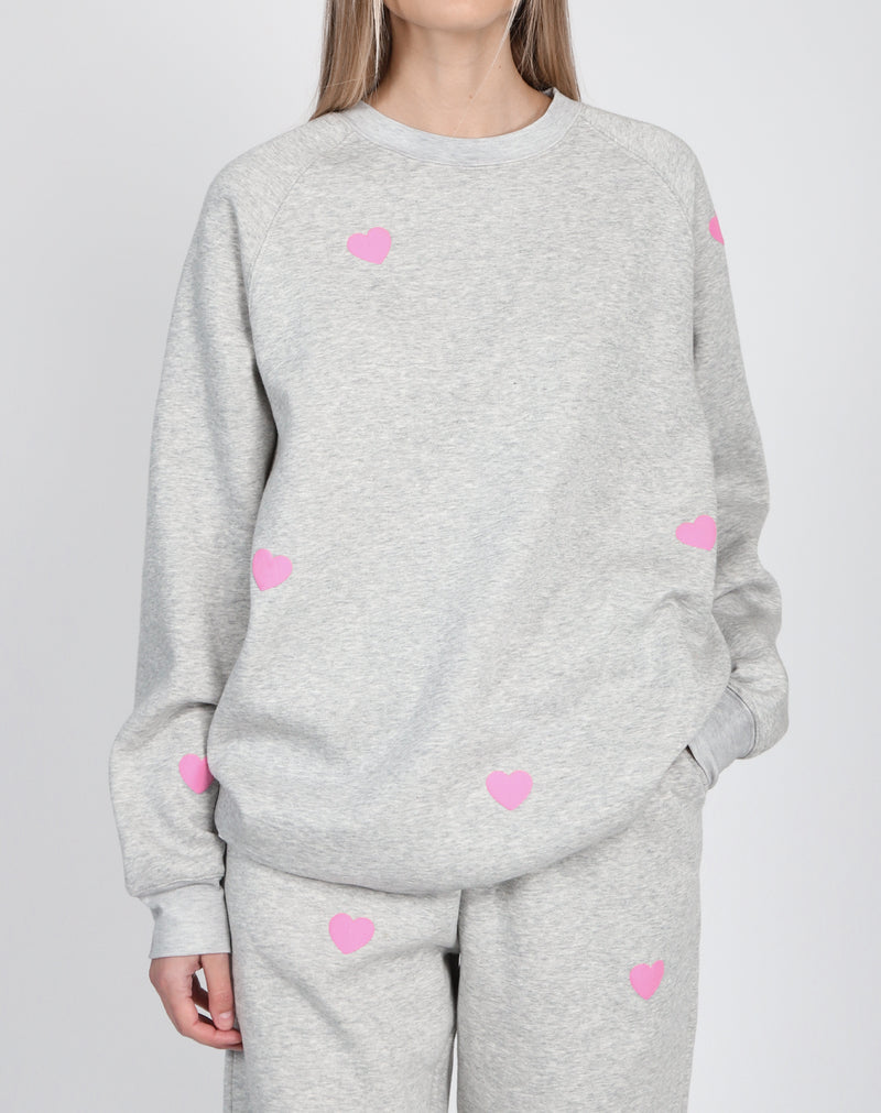 BRUNETTE THE LABEL | ALL OVER PUFF HEART BIG SISTER CREW | PEBBLE GREY/BABY PINK