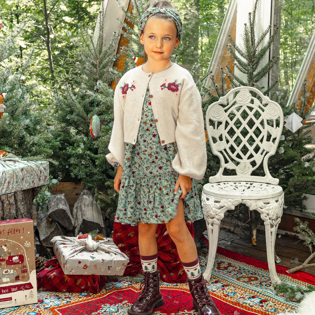 Souris Mini | Beige Knit Embroidered Cardigan | Crochet