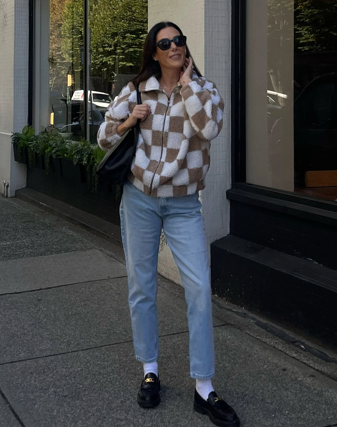 BRUNETTE THE LABEL | Checkerboard Sherpa Full Zip Jacket | Fawn & White