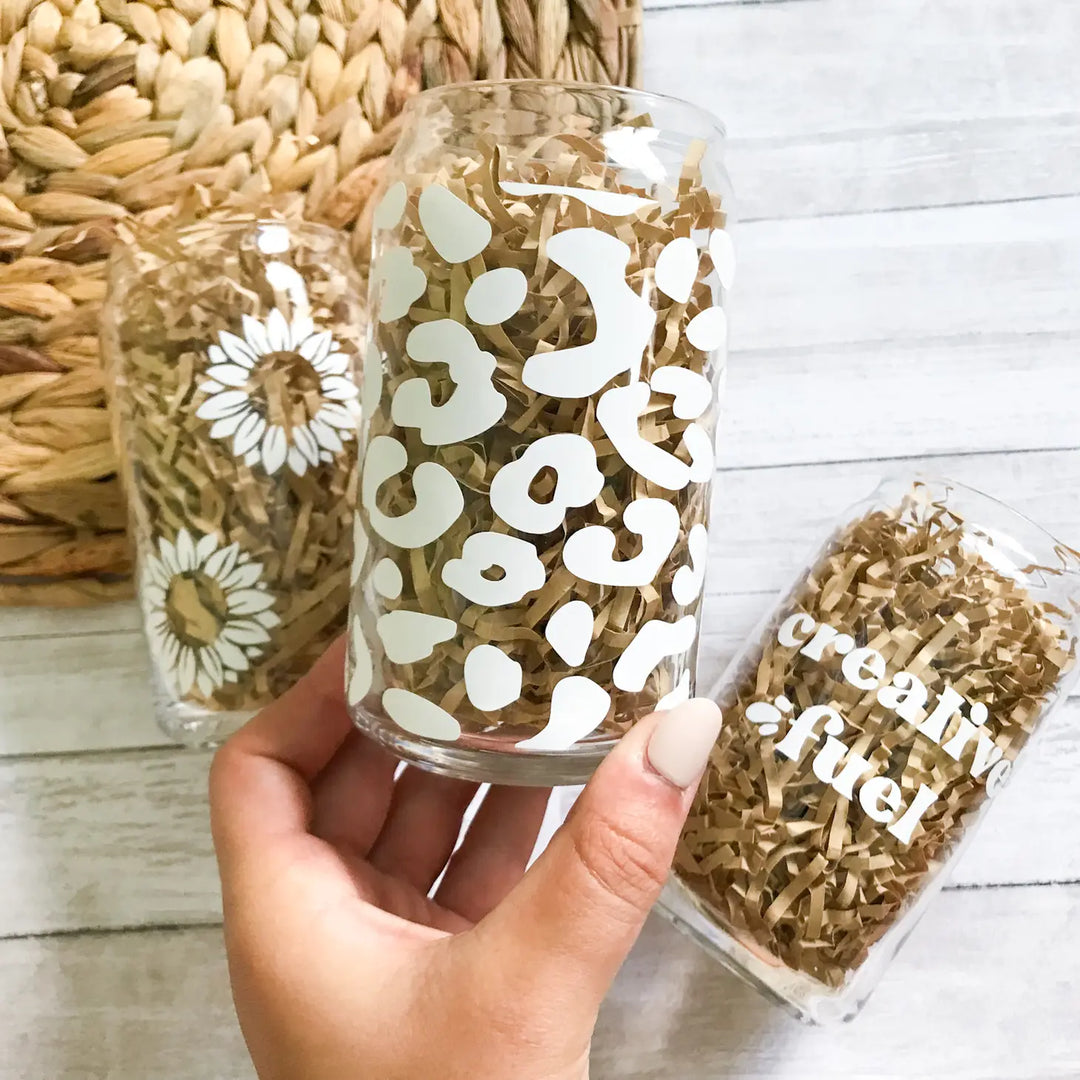 White Leopard 16oz Can Glass Cup