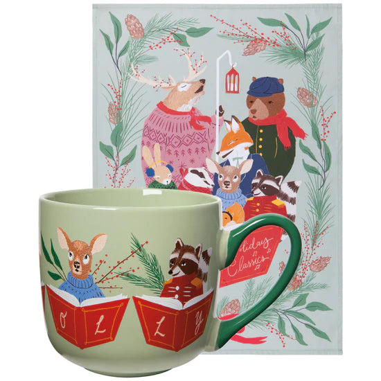 Mug & Dishtowel Set | Woodland Carolers