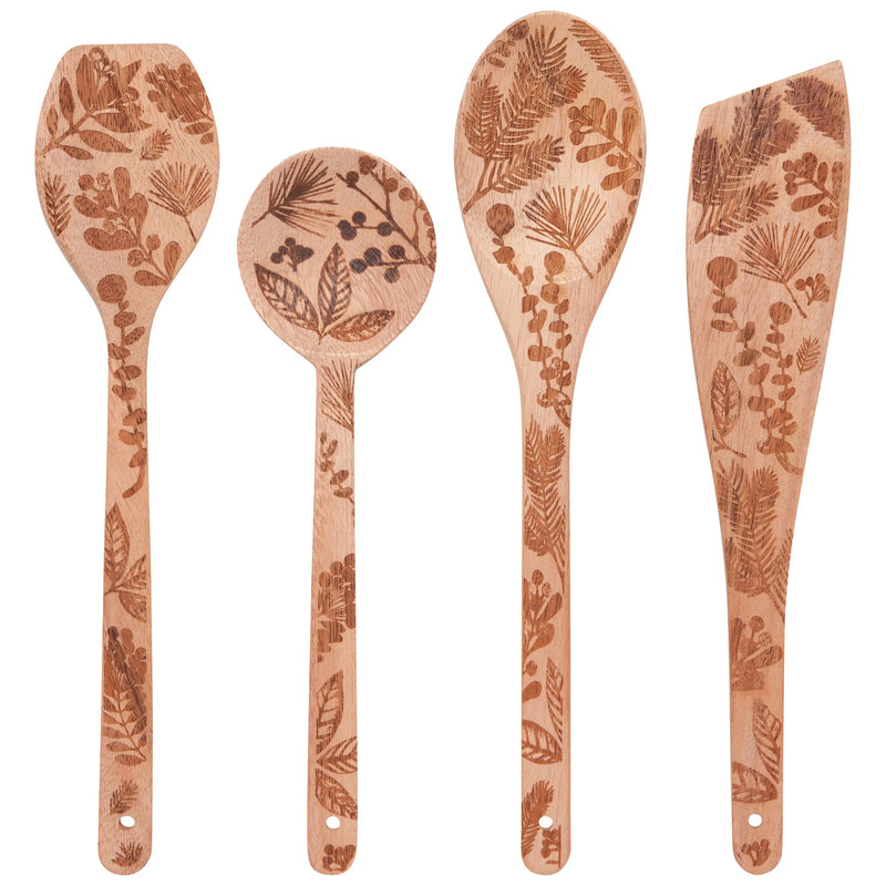 Winterberry Engraved Neem Wood Utensils | Set of 4