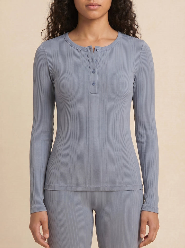 BOODY | Long Sleeve Henley Louge Top | steel blue