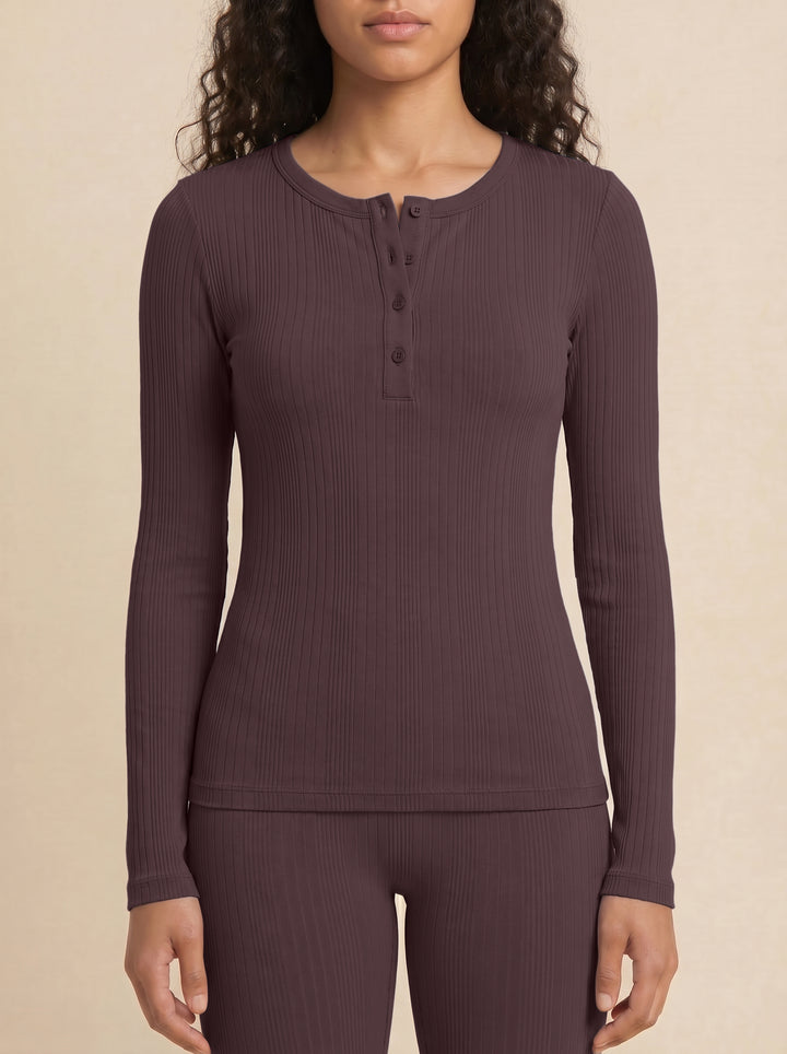 BOODY | Long Sleeve Henley Lounge Top | mulberry