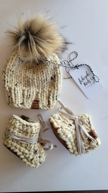 Knit Baby Hat & Bootie Gift Set | white speckled | handmade in Ontario Canada