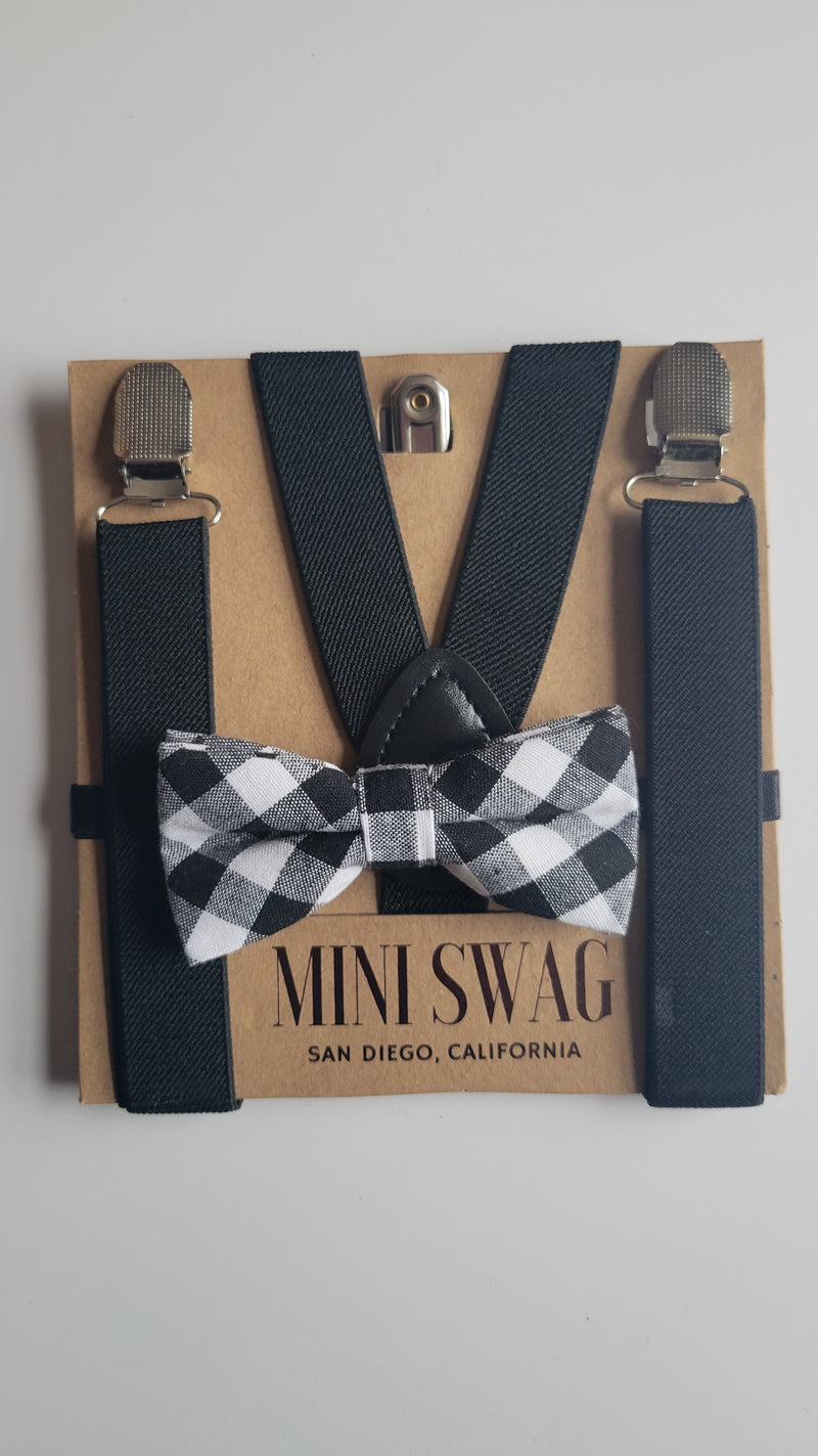 Mini Swag Black/Black Plaid Bow Tie & Suspenders | Toddler 2-5