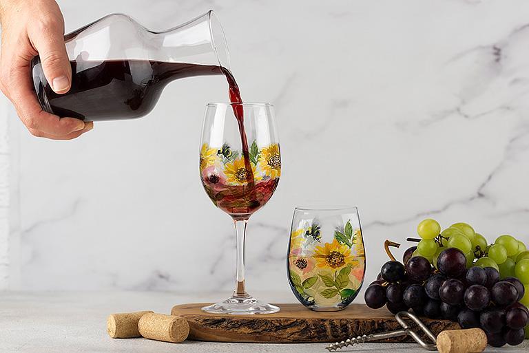 Sunflowers & Bees Stemless Wine Glass
