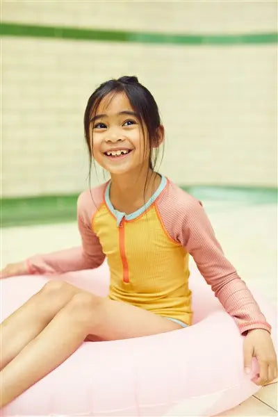 Ochre Ribbed Kids Long Sleeve Swimsuit