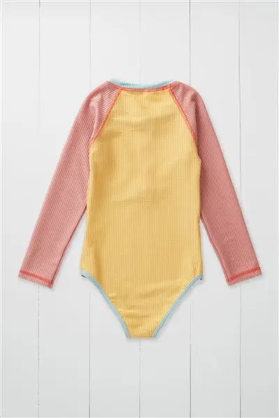 Ochre Ribbed Kids Long Sleeve Swimsuit