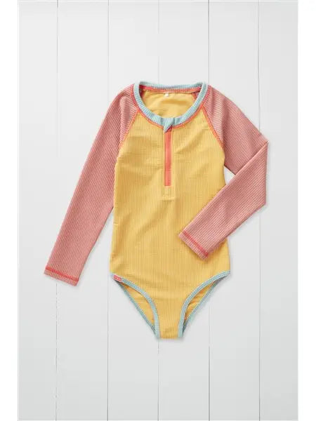 Ochre Ribbed Kids Long Sleeve Swimsuit