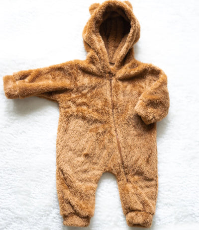 Fuzzy Fleece Hooded Jumpsuit - Teddy Bear