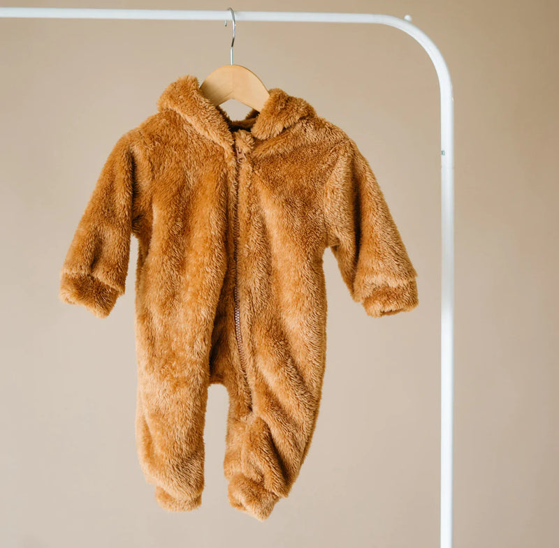 Fuzzy Fleece Hooded Jumpsuit - Teddy Bear