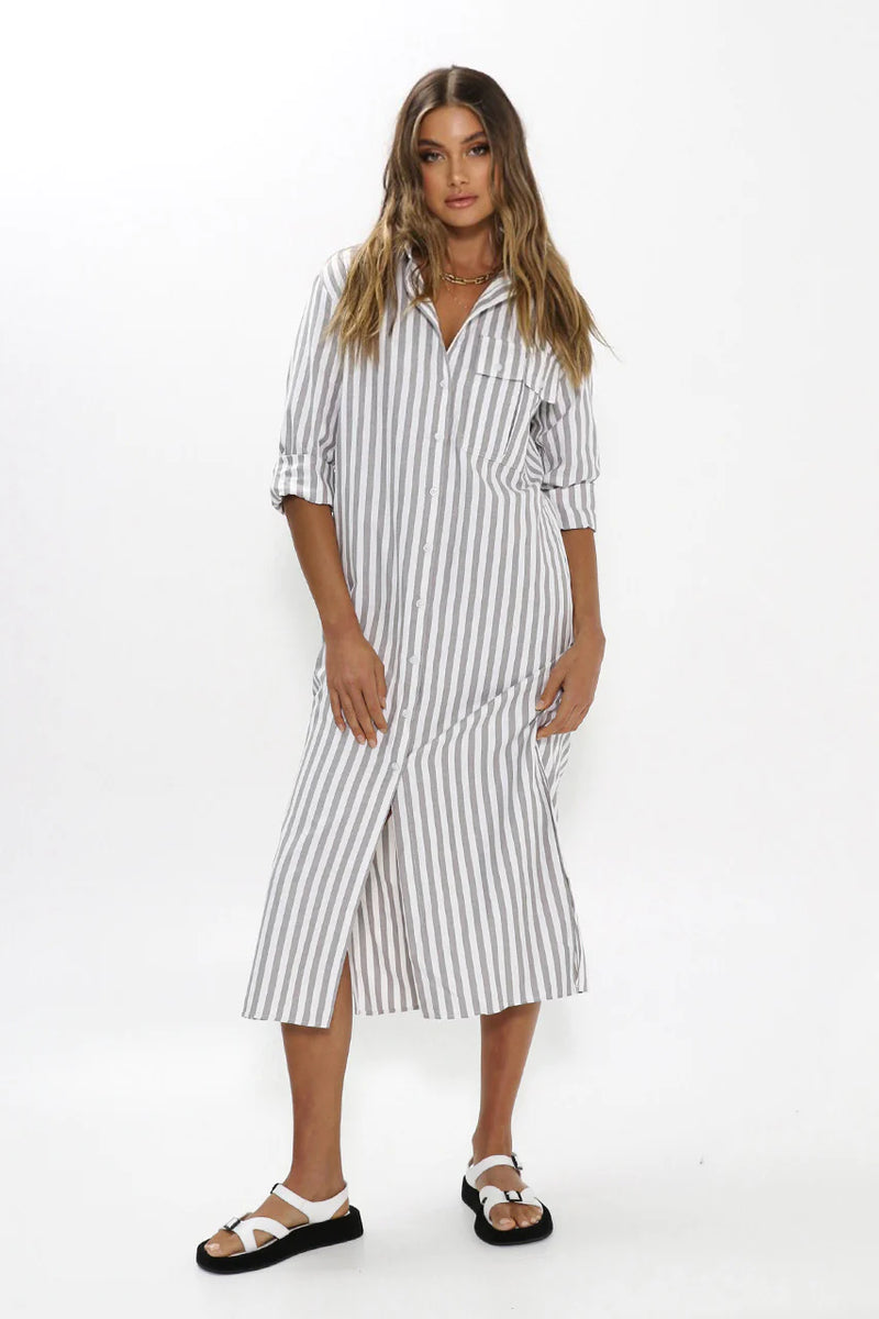MADISON THE LABEL - Jadana Shirt Dress | Grey Stripe