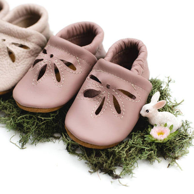 Leather Daisy Baby Shoes - Dusty Rose