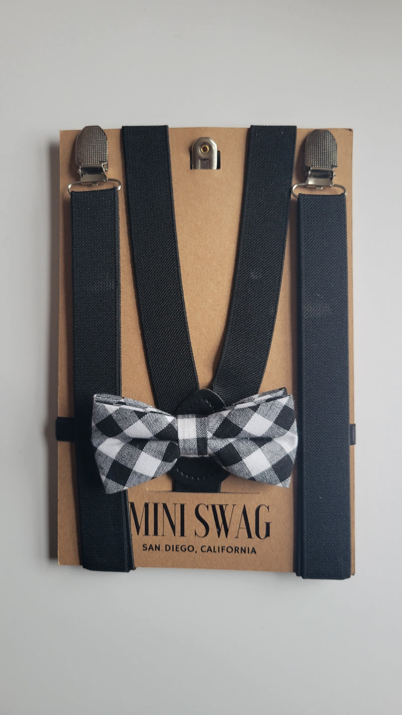 Mini Swag Black/Black Plaid Bow Tie & Suspenders | Youth 6-12