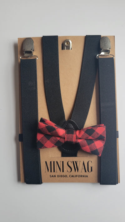Mini Swag Black/Buffalo Plaid Bow Tie & Suspenders | Youth 6-12